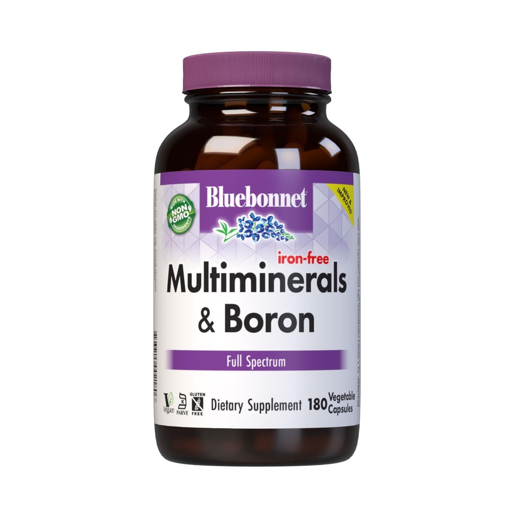 Bluebonnet Multi Minerals Supplement Plus Boron Chelated Magnesium Kalium Copper Selenium Mangan Chrom & Zink Complex for Women & Men - Ingen jern, Non- GMO, Gluten- fri - 180 Vegetabilske kapsler