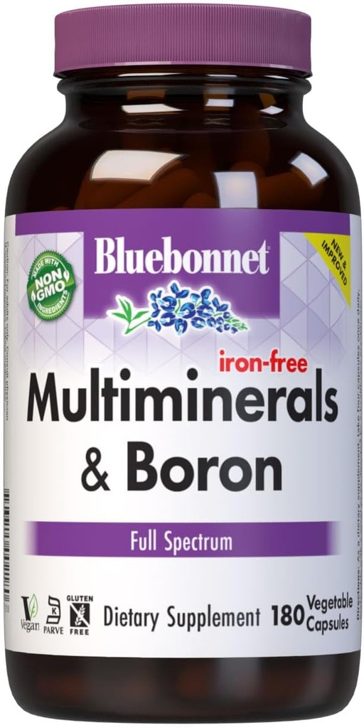 Bluebonnet Multi Minerals Supplement Plus Boron Chelated Magnesium Kalium Copper Selenium Mangan Chrom & Zink Complex for Women & Men - Ingen jern, Non- GMO, Gluten- fri - 180 Vegetabilske kapsler