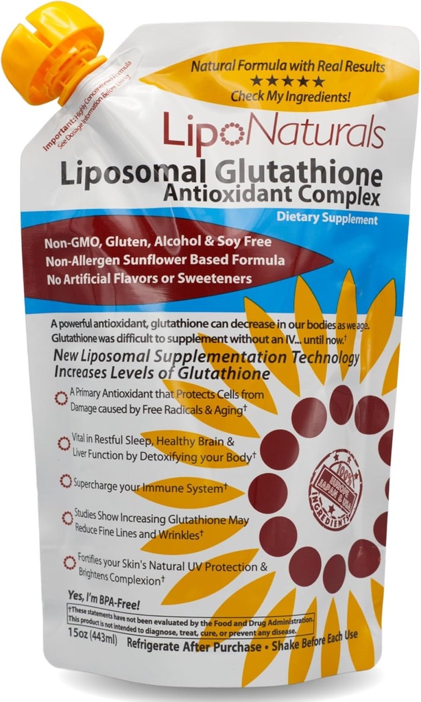 Lipo Naturals Liposomal Glutathione Complex Liquid (30 doser) - Natural Formel Immunity + Leversundhed + Anti- Aging Support med C-vitamin - Vegan, China- Free (15oz / 443ml)