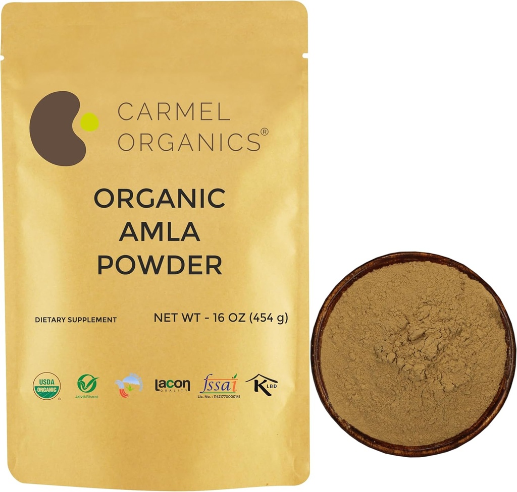 CARMEL ORGANICS Organic Amla/Amlaki (Emblica officinalis) Fruit Powder 16 Oz or 1 Lb (Pack of 1) | USDA Certified Organic. Non GMO & Gluten Free | No Added Preservatives