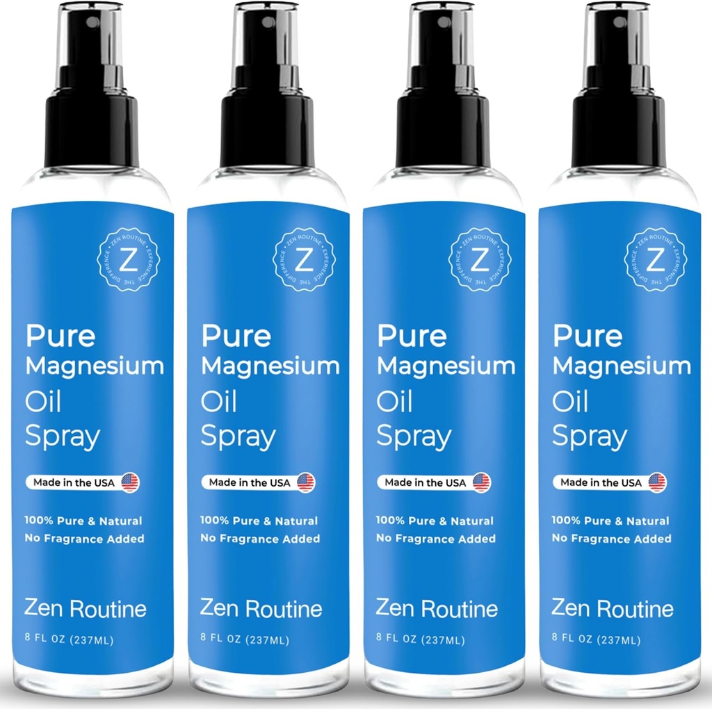 Pure Magnesium Oil Spray - 8oz (4 Pack) - Organic USP Grade, Magnesium Oil for Feet, Magnesium fra gamle mineraler - Aceite de magnesio para Los pies - Natural Magnesium Chloride, Made in USA