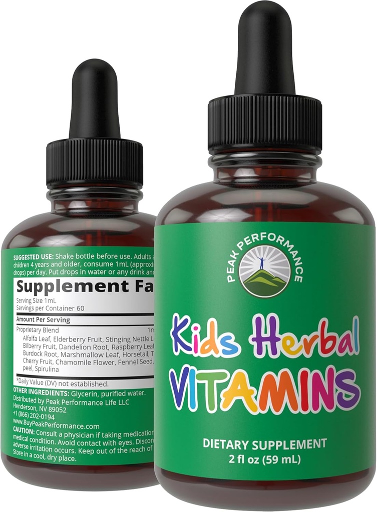 Børn Vitaminer fra urter. Flydende Kids Herbal Multivitamin. Ingen bitter smag. Sukker gratis 14- in-1 Vegansk supplement dråber til tandlæger, børn, Teens. Blandet i vand De vil ikke engang smage det