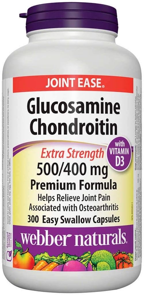 Webber Naturals Glucosamin Chondroitin med vitamin D3, ekstra styrke, 500 / 400 mg, Premium Formel, 300 Let at sluge kapsler