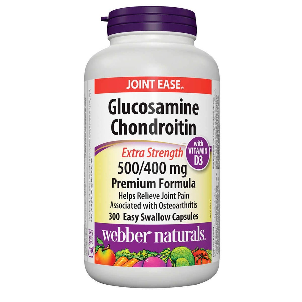 Webber Naturals Glucosamin Chondroitin med vitamin D3, ekstra styrke, 500 / 400 mg, Premium Formel, 300 Let at sluge kapsler