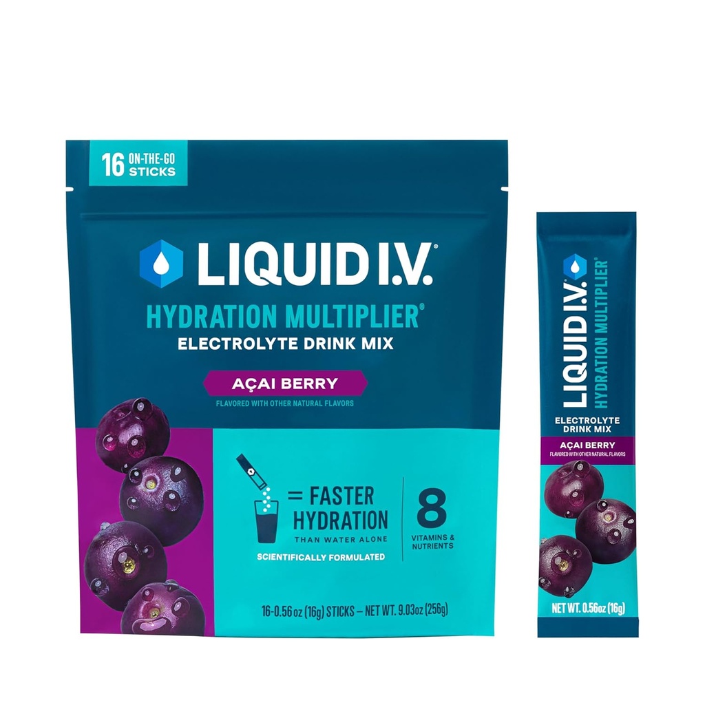 Liquid I.V. ® Hydration Multiplier ® - Açaí Berry - Hydration Powder Packets - 124; Electrolyte Powder Drink Mix 124; Praktisk Single-Serving Sticks - 124; Non- GMO - 124; 16 Servering (pakke med 12)