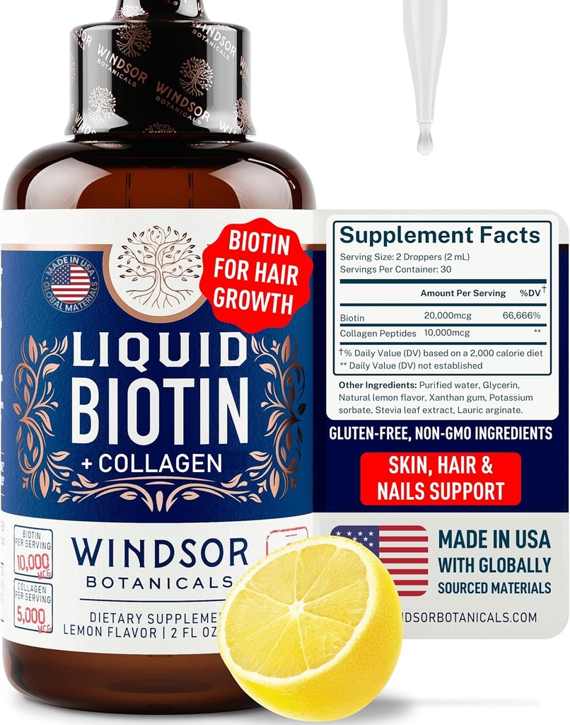 Flydende biotin til hårvækst kollagen - Biotin Flydende 10,000mcg Collagen 5,000mcg Ekstra styrke Væske - Flydende kollagen og biotin dråber til hårvækst - Biotin og kollagen dråber til kvinder - 2oz