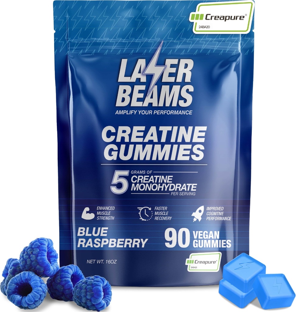 Creatin Monohydrate Gummies for Women & Men- 5g Creapure Creatin per Serving - Vegan, Blå Raspberry Flavor - Boost Muscle Strength, Endurance, Recovery & Mental Focus (90 Gummies)