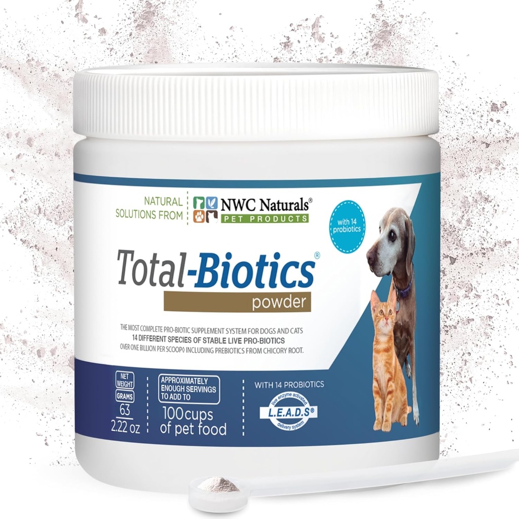 NWC Naturals Total- Biotics, Kat & hund Probiotika til fordøjelsessygdomme med Prebiotic, Unflavored Probiotic for Dogs & Cats, Supplement for Gut, Skin, Coat, Mave Relief, 100 Servering, 2.22 Ounces