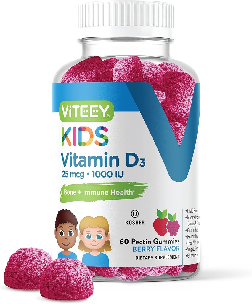 Viteey vitamin D3 Kids Gummies 25mcg 1000 IE - Knoglehelbred, immunforsvar, fælles muskelstøtte - Vegetarisk, Gelatine fri, Gluten fri, GMO fri - Tasty Chewable Berry Flavored