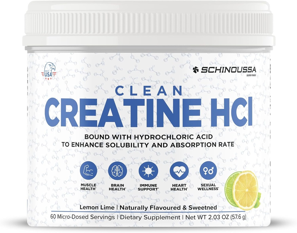 Lemon Lime Creatin HCL Pulver • 124; Micro- Dosed High Absorption Creatin • 124; naturligt aromatiseret & sødet • 124; Stimulant- Free • 124; Vegan, Gluten- Free • 124; Pre / Post workout Supplement • 124; 60 Servering