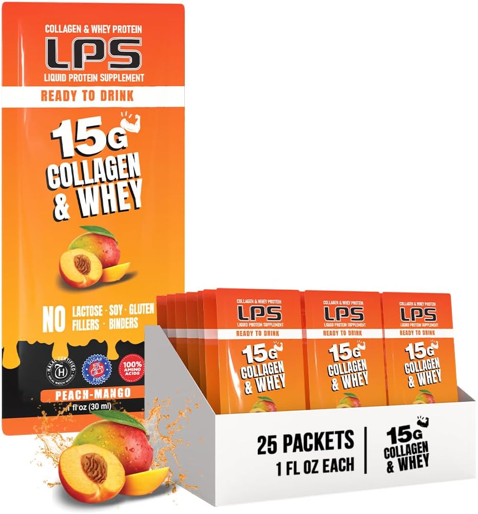 LPS Flydende Collagen & Whey Protein Supplement - Non- GMO drik, sukkerfri - fremmer sund hud & hår til mænd og kvinder, Peach Mango, Single Serve (25 pakker)