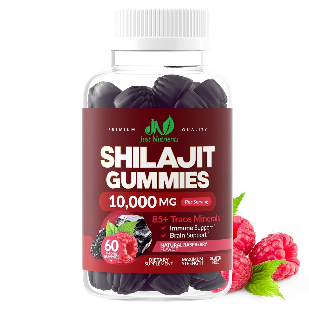 Shilajit Gummies 10,000mg for mænd & kvinder - Maksimal styrke Pure Himalayan Shilajit, Gluten- Free, Non- GMO, 100% Vegetar - Natural Raspberry Flavor - 60 Greve