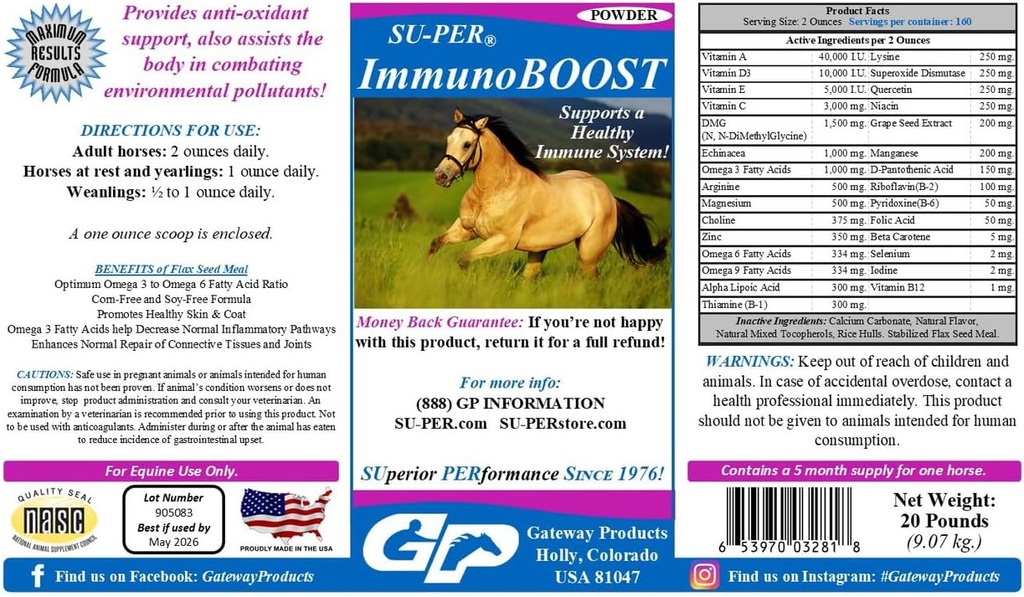 SU- PER ImmunoBOOST Horse Antioxidant Supplement - Understøtter immunsystem & ernæringsmæssige mangler - Vitaminer E & C, Grape Seed Extract, Urteudtræk - 20 Pund, 5 Måned Supply