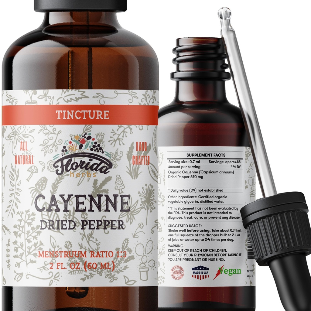 Cayenne Tincture Extract, Organic Cayenne (Capsicum annuum) Tørret peber - vegetabilsk glycerin - ikke-GMO - 2 oz