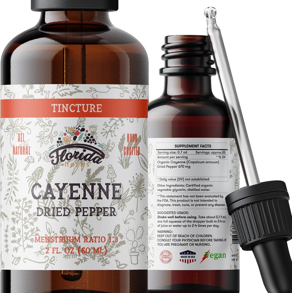 Cayenne Tincture Extract, Organic Cayenne (Capsicum annuum) Tørret peber - vegetabilsk glycerin - ikke-GMO - 2 oz