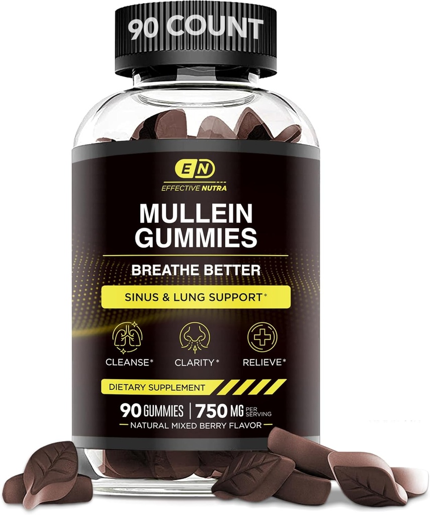 EFFEKTIV NUTRA 9in1 Mullein Gummies Memory 124; Lung og Sinus Support for Cleanse, Clarity, and Relief Memory 124; Vegan, Gluten- Free, Non- GMO Supplement Memory 124; Natural Berry Flavor, 45- Day Supply, Made in USA (90ct)