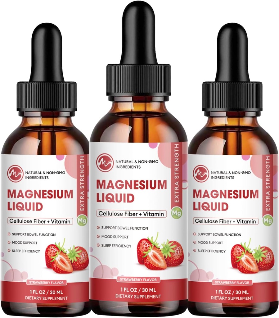 (3 Pack) Magnesium Glycinat Flydende dråber, Høj Absorption Magnesiumvæske med bromelain, B6-vitamin C D, Magnesiumtilskud til børn og voksne, Nat & Muskelstøtte, Strawberry Flavor