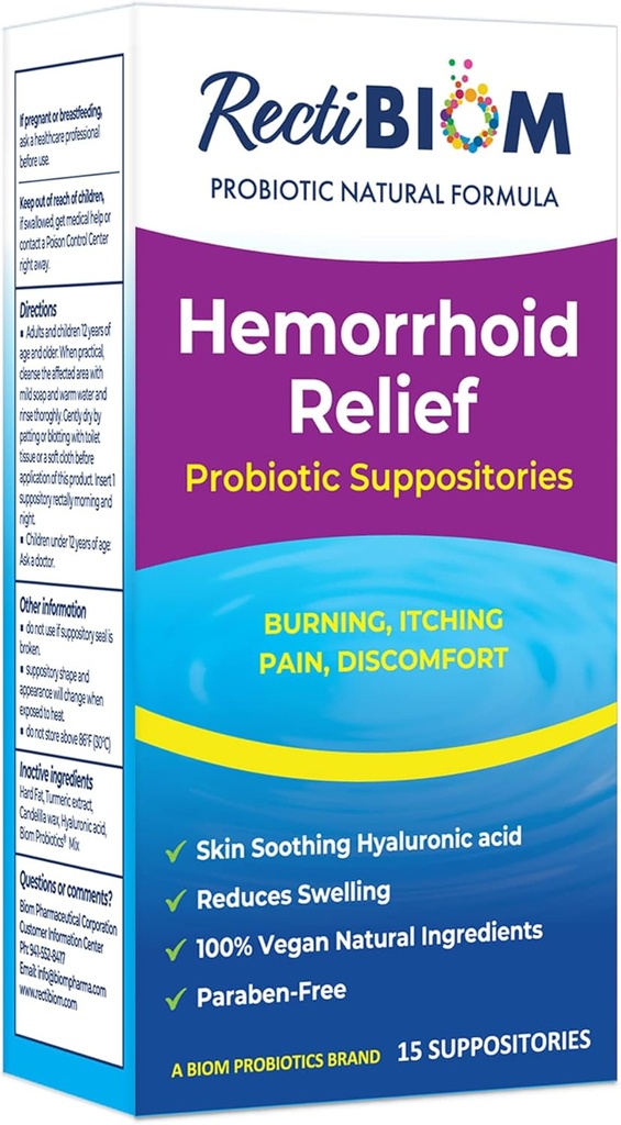 RektiBiom Probiotiske Hæmorroid Relief supppositorier med hud lindrende naturlige ingredienser, hurtig Relief. Hyaluronsyre og gurkemeje ekstrakt, Vegan, Gluten- fri formering