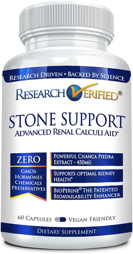 Research Verified Stone Support - Optimal Kidney Stone Defense - Chanca Piedra, Crataeva Nurvala, BioPerine - Vegan - 60 Capsules