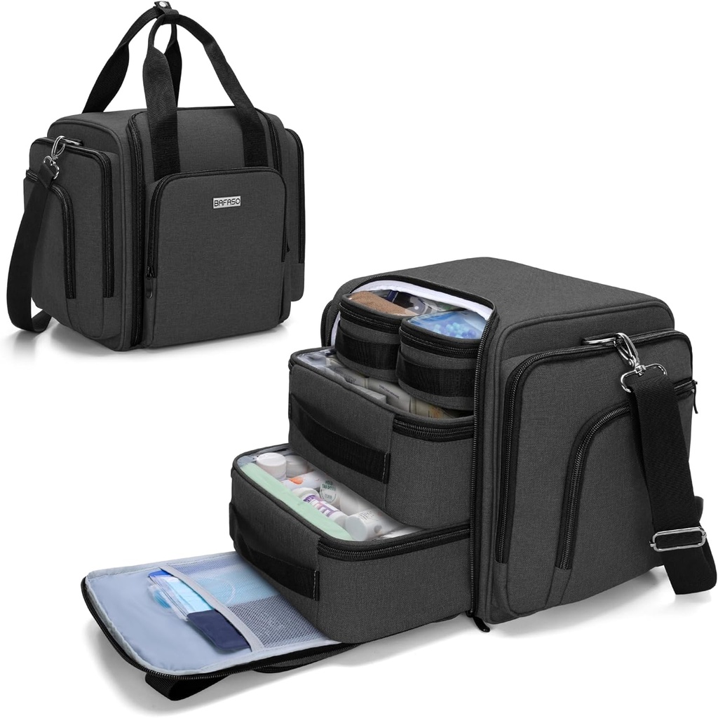 BAFASO Stor pilleflaske Organizer med 4 Indre Aftagelige Pouches, Medicin Bag Kom med skulderrem (BAG KUN), Sort