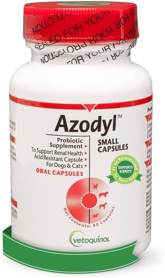 Vetoquinol Azodyl Nyretilskud til hunde og katte, 90ct - Probiotisk Pet Wellbeing - Hjælp til Nyrefunktion & Administrer nyretoksiner - Nyretilskud - Easy- to- synke små Caps