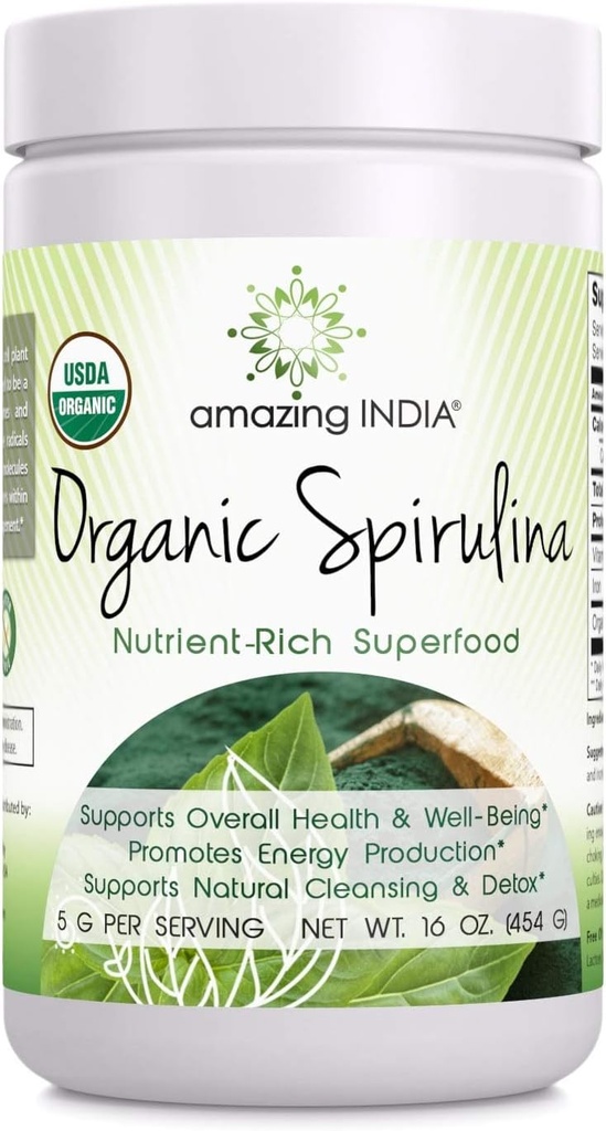 Amazing India Organic Spirulina Powder (non-GMO) 16 oz (454 gm) - Understøtter Cell Regeneration, immunforsvar, afgiftning & samlet sundhed *