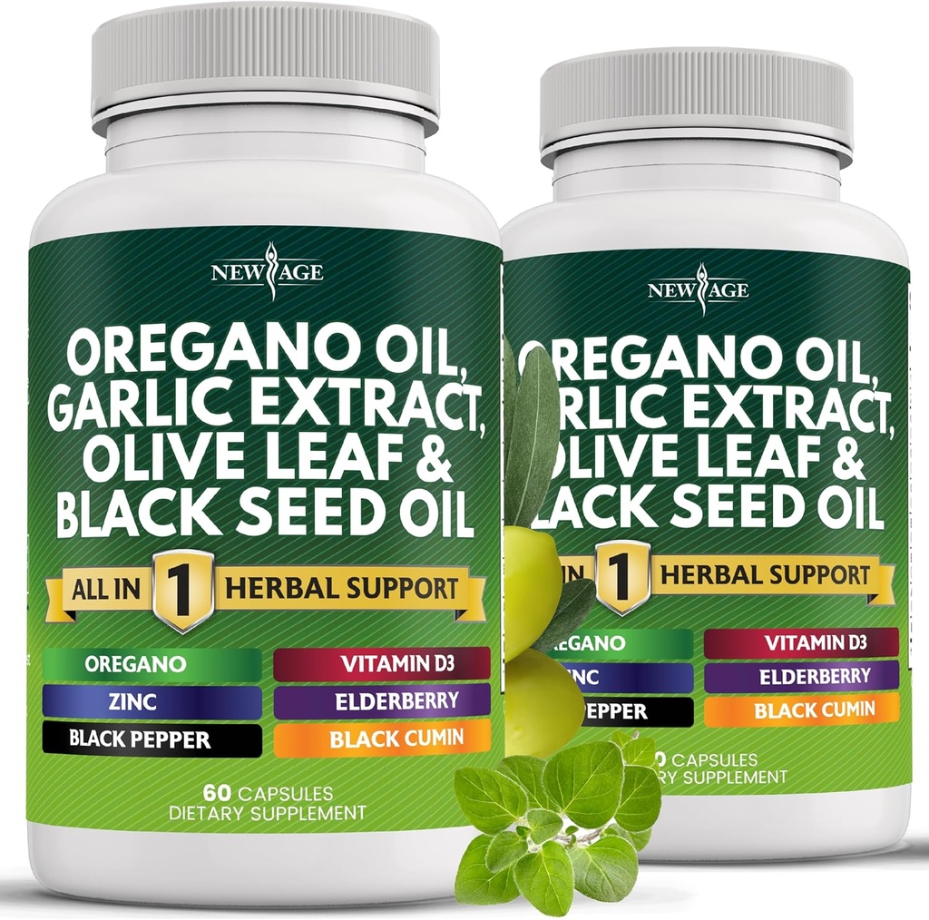 NEW AGE Oregano Oil Hvidløg Uddrag Olive Leaf med Astragalus - Supplement for kvinder og mænd - 120 Greve