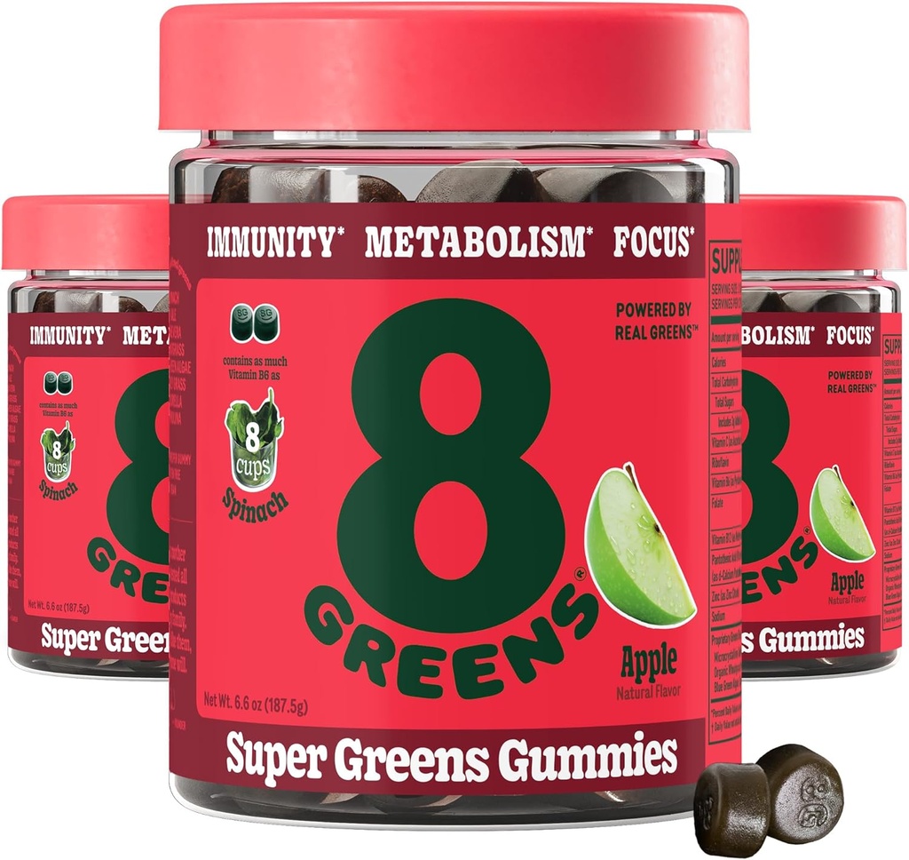 8Greens Supergreens Gummies Note 124; Super Green Powder Superfood Gummy for Metabolisme, Immunitet & Fokus, fordøjelsessygdomme, Organisk: Chlorella, Spirulina, Aloe Vera, Apple Flavor, 150 Greve