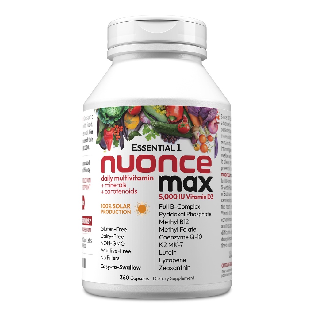ANDREW LESSMAN Essential-1 nuonce max Multivitamin 5000 IE D3 360 små kapsler. 100 mcg methyl B12. CoQ10 Lutein Lycopene Zeaxanthin. High Potency. Ingen tilsætningsstoffer. Ultra- Mild 1 daglig kapsel