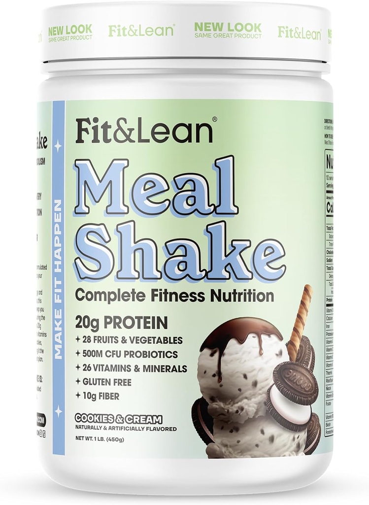 Fit & Lean Meal Shake, Fat Burning Meal Erstatning, Meal Erstatning med Protein, Fiber, Probiotika og økologiske frugter & grøntsager, Cookies og fløde, 1lb, 10 Servering pr Container