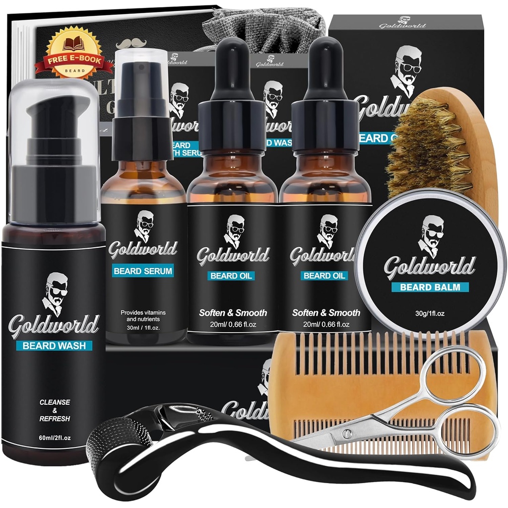 Beard Kit, Beard Grooming Kit w / Beard Wash / Shampoo, 2 Pakker Beard Oil, Beard Balm, Beard Wash, Brush, Comb, Scissor, Storage Bag, E- Book, Beard Care & Trimming Kit