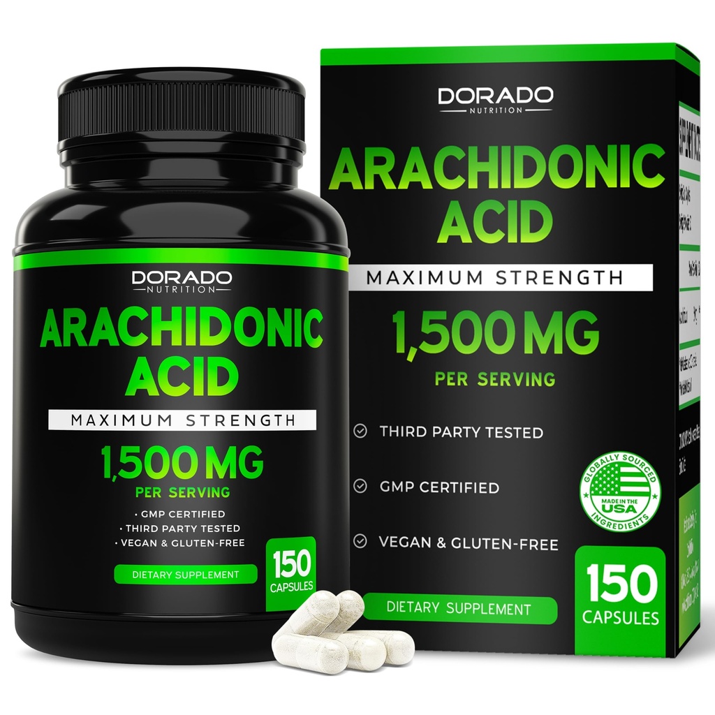 Arachidonic acid Supplement 1500mg (150 kapsler) - Muskel og styrke supplement til muskelmasse & Inddrivelse for mænd og kvinder - Gluten Free & Non- GMO - 3. part testet - (150 kapsler)