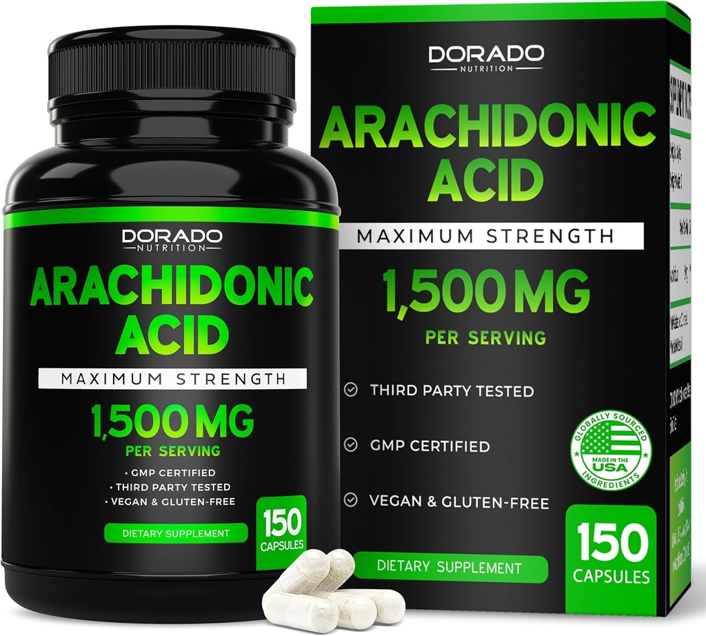 Arachidonic acid Supplement 1500mg (150 kapsler) - Muskel og styrke supplement til muskelmasse & Inddrivelse for mænd og kvinder - Gluten Free & Non- GMO - 3. part testet - (150 kapsler)
