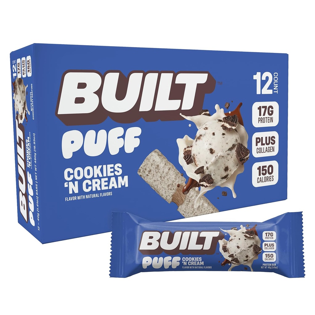 Bygget bar, Puff Protein Bars, Cookies 'N Cream Puff, 17g Protein Snacks, On- The- Go Bars, Kun 140 kalorier, 7g Sukker, Collagen, Ikke Gluten Free, 12 Greve