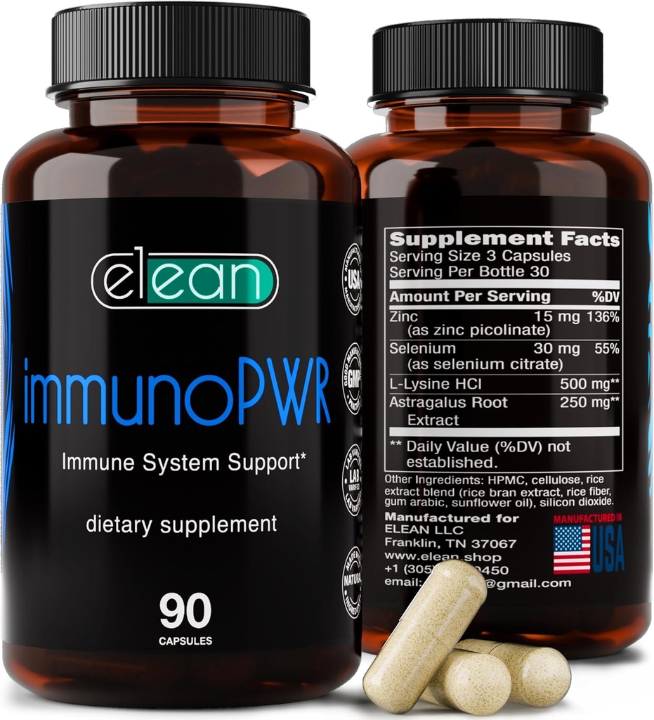 ELEAN Immun PWR- beriget med zink, Selenium, Amino Acid Lysin og Astragalus Root Extract for Collagen Syntese, Thyroid Sundhed, Mineral Support, Energi og immunforsvar 90 Veg kapsler.