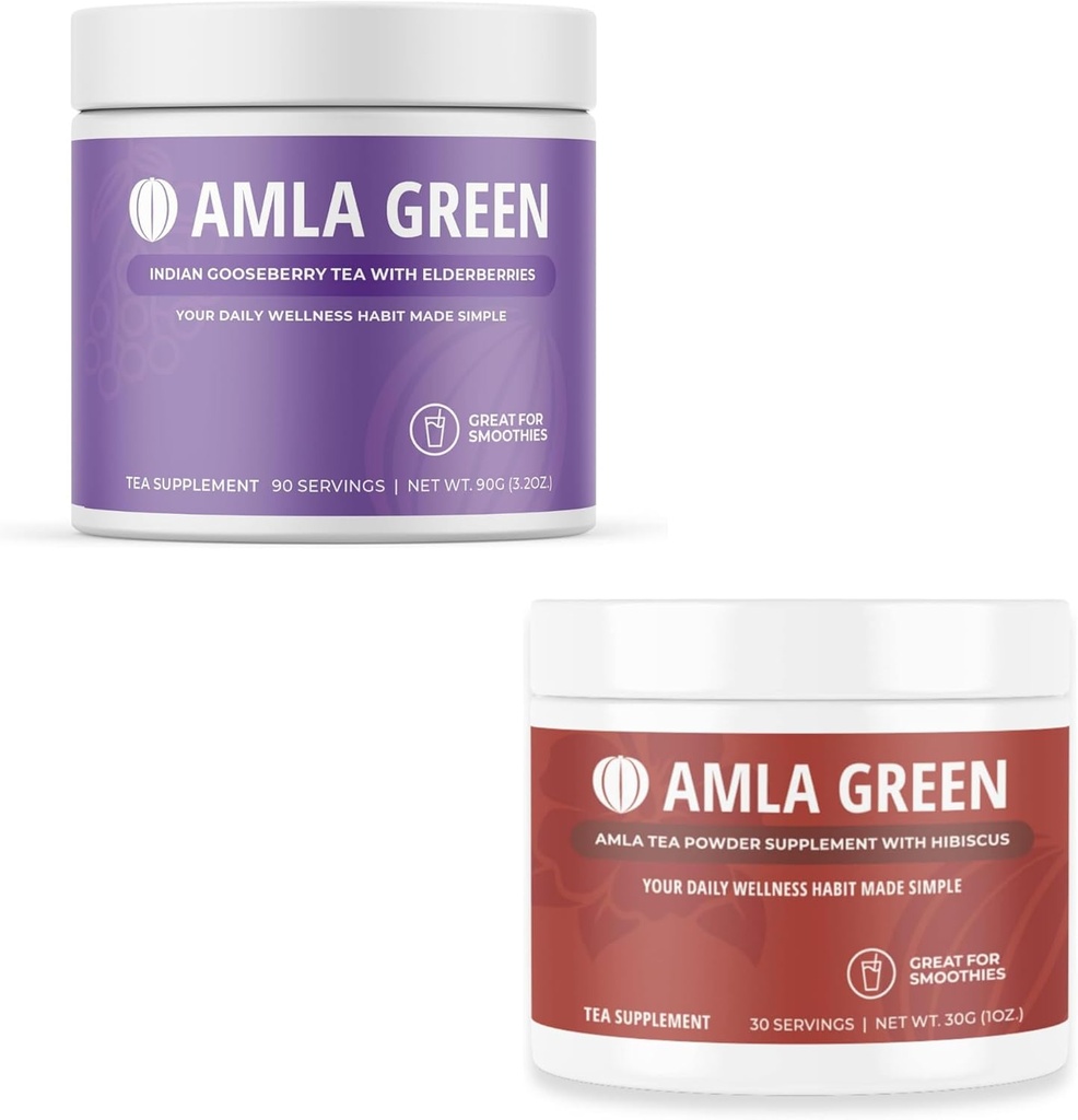 Amla Powder & Green Tea Superfood Supplement, Antioxidant Support, Lavet med hyldebær (90 Servere) & Hibiscus (30 Servere), Økologisk, Vegan