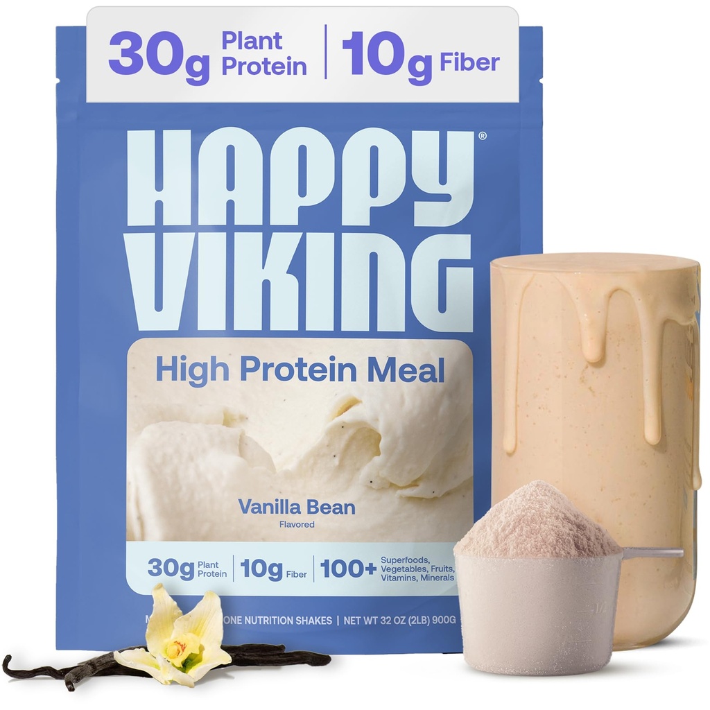 Happy Viking Vanilla Plant Protein Powder, Oprettet af Venus Williams, 20G Protein, Low Carb, Keto, Vegan, Glutenfri, Non- GMO, Superfoods, Complete Meal Erstatning, 1 Canister (24 oz.)