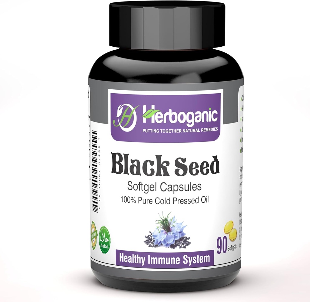 HERBOGANIC Cold Pressed Black / Seed Oil Softgels Capsules - 90 Count - Blended with Other Herbal Products- Understøtter samlet sundhed velvære og immunitet (Black- Seed)