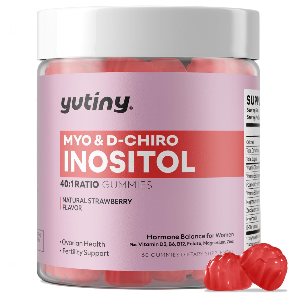 Myo-Inositol & D-Chiro Inositol Gummies, Vitamin B6 B12 & Folate til kvinder, Vegansk, Sukker fri, Jordbær Flavor, 60 Greve