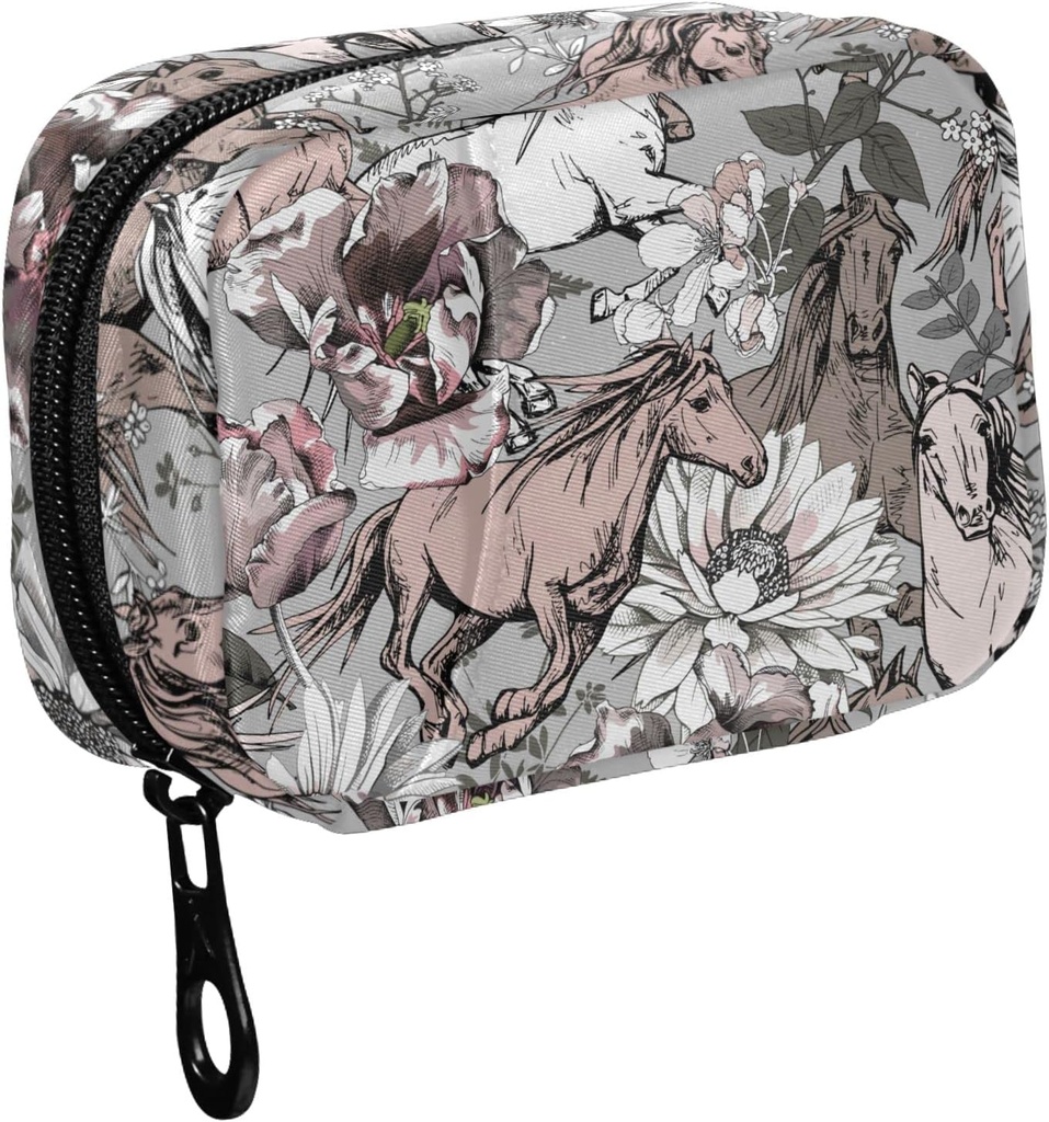 Fustylead Running Horses and Flowers Travel Pill Organizer Case Zipper for Purse with Removable Weekly Pill Box for Medicine, Vitamin, Supplement Medicine Organizer