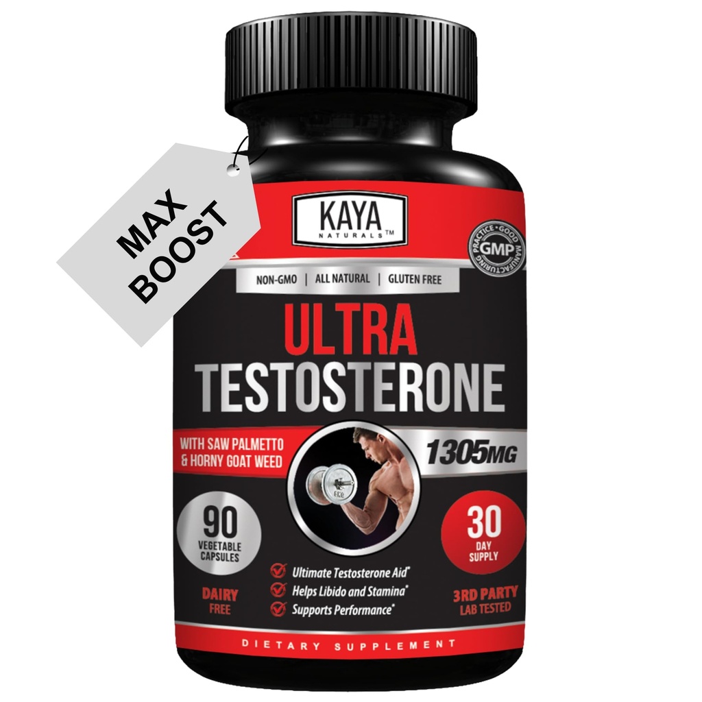 Kaya Naturals Ultra Testosteron - Mænds Testosteron Booster med Tongkat Ali, Horny Geat Weed, Tribulus - Natural Workout Supplement for energi, Stamina, og Styrke Booster - 90 Greve