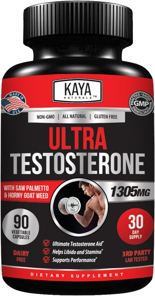 Kaya Naturals Ultra Testosterone - Men's Testosterone Booster with Tongkat Ali, Horny Goat Weed, Tribulus - Natural Workout Supplement for Energy, Stamina, and Strength Booster - 90 Count