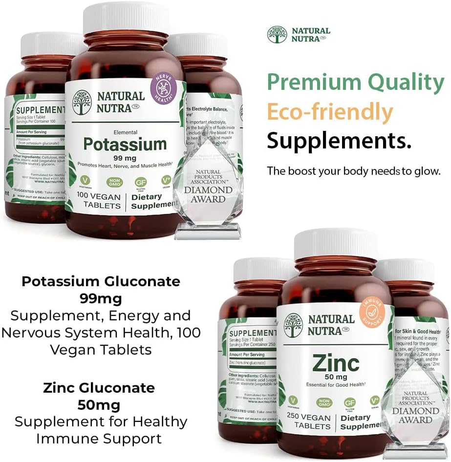 Naturlig Nutra Kalium Gluconate 99 mg og Zink Gluconate 50 mg kosttilskud hjælper til at opretholde immunitet og energi niveau, Gluten fri, Essential for god sundhed.