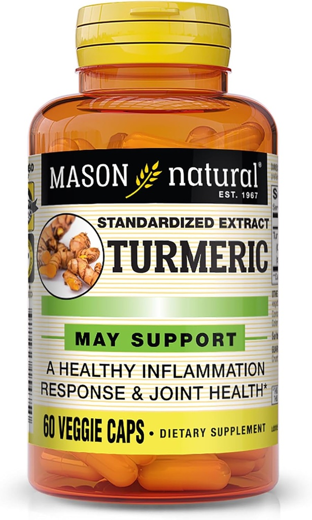 MASON NATURAL gurkemeje 500 mg, med 95% Curcuminoider, supplement til total wellness & fælles støtte, 60 Plantbaserede Veggie kapsler