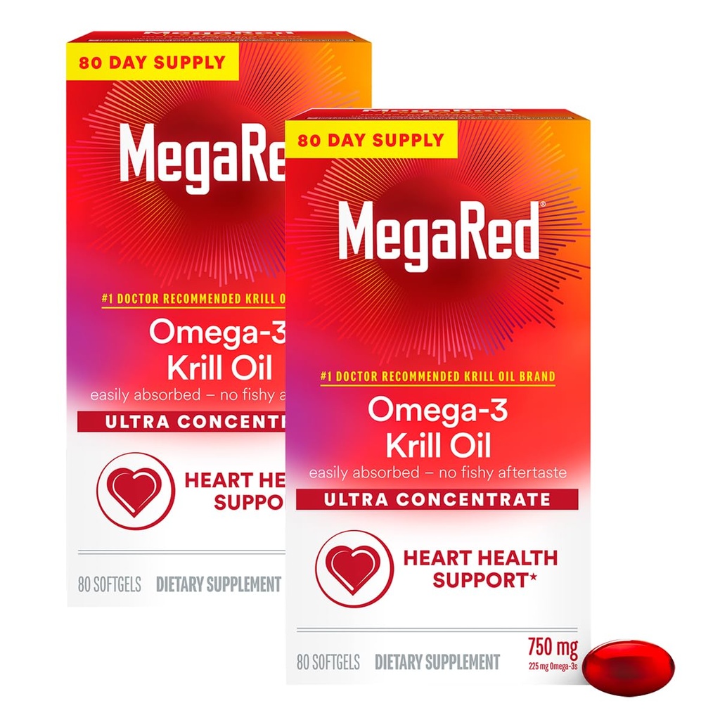 MegaRed Ultra Koncentrat 750mg Omega-3 Krill Oil Fedtsyretilskud med EPA / DHA, Antioxidant Astaxanthin, Ingen Fish Oil Aftersage Understøtter hjertesundhed, 80 Count Softgels (2 Pack)