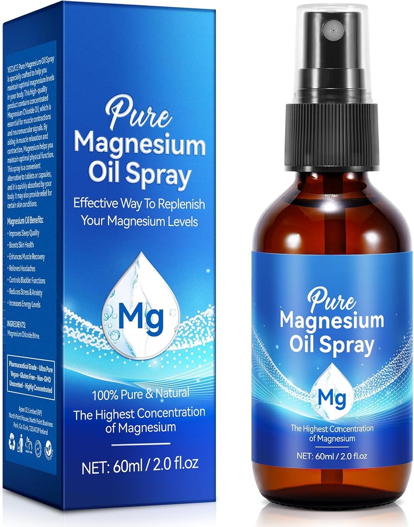 Magnesiumspray 2 Fl Oz, Magnesiumolie til foder, krop, søvn, hud, muskelafslapning, 100% Pure Natural Topical Magnesium Oil Spray, Let at Absorb