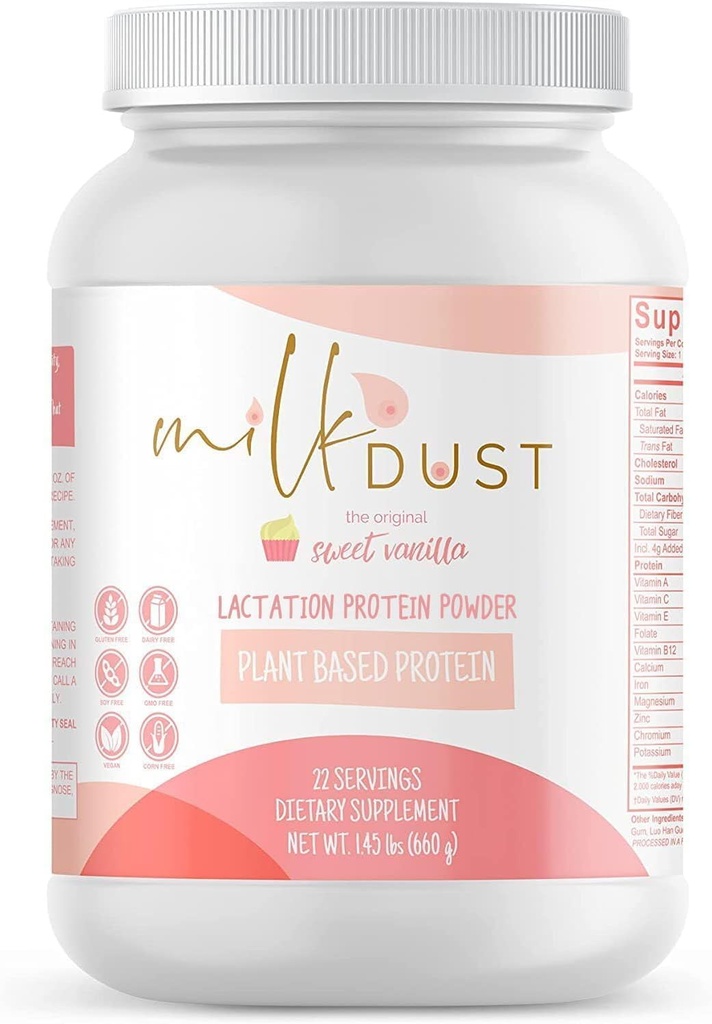 MÆLK DUST Protein Powder 660g • 124; Amning Pulver til ammende mødre • 124; Amning Support Pea Powder • 124; Vegan & Dairy- Free • 124; Sweet Vanilla • 124; 22 Servere (Vanilla.)