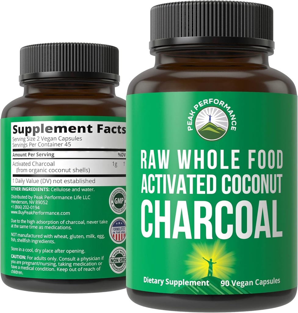 Peak Performance Aktiveret Charcoal Vegan Kapsler fra Wild Harfted Coconut Shells. Bedste Safe Charcoal Pills supplement til Detox, Gas Relief, Bloating. for mænd og kvinder 90 Alle naturlige tabletter