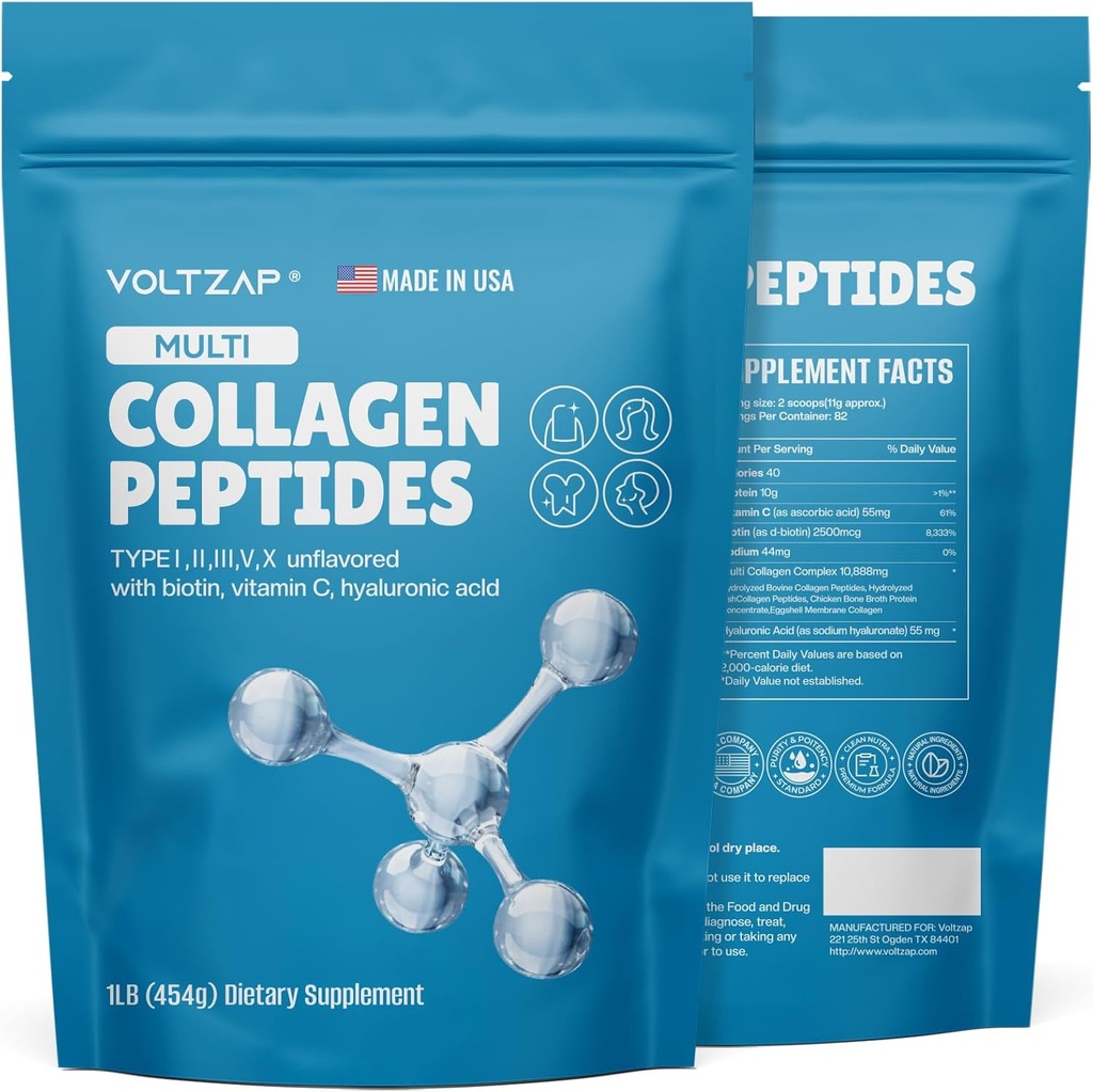 Multi Collagen Peptider Pulver, Type I, II, III, V, X, Biotin & C-vitamin, Naturligt supplement til sund hud, hår, negle, Joints - Unflavored