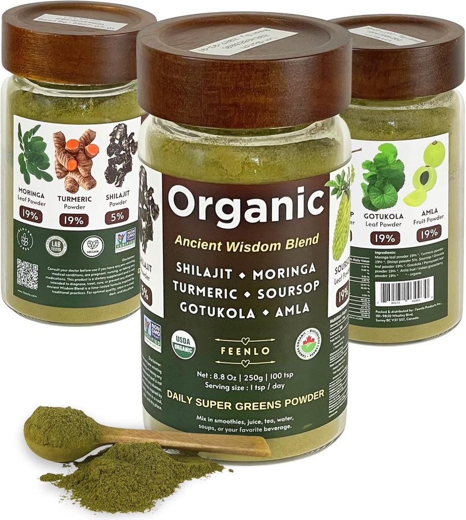 Organic Non- GMO Moringa, Shilajit, Gurmerisk, Soursop, Gotucola og Amla Green Juice Blend Powder, 3- Måned Supply